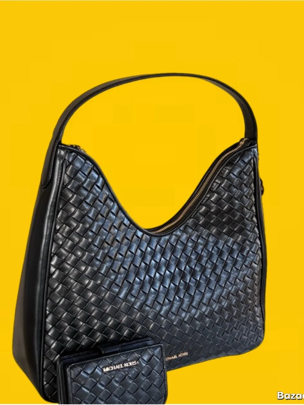 Michael Kors Black Woven Leather Shoulder Hobo with Matching Wallet
